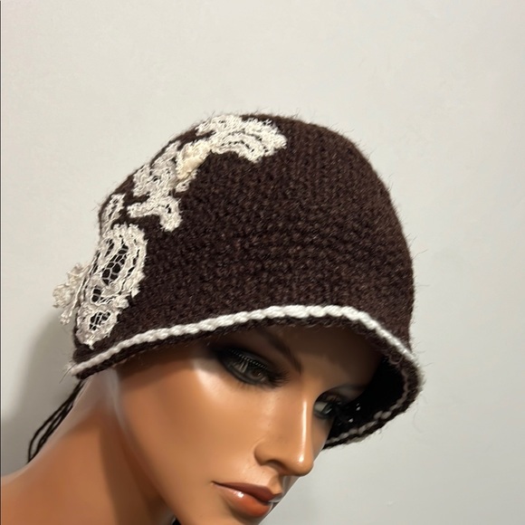 Brown Crochet Hat with Lace Detail main image 13